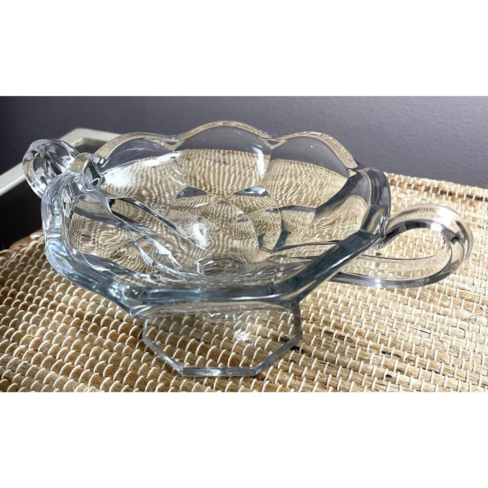 Vintage Crystal Glass Candy Dish With Dual Handles & Scalloped Edges